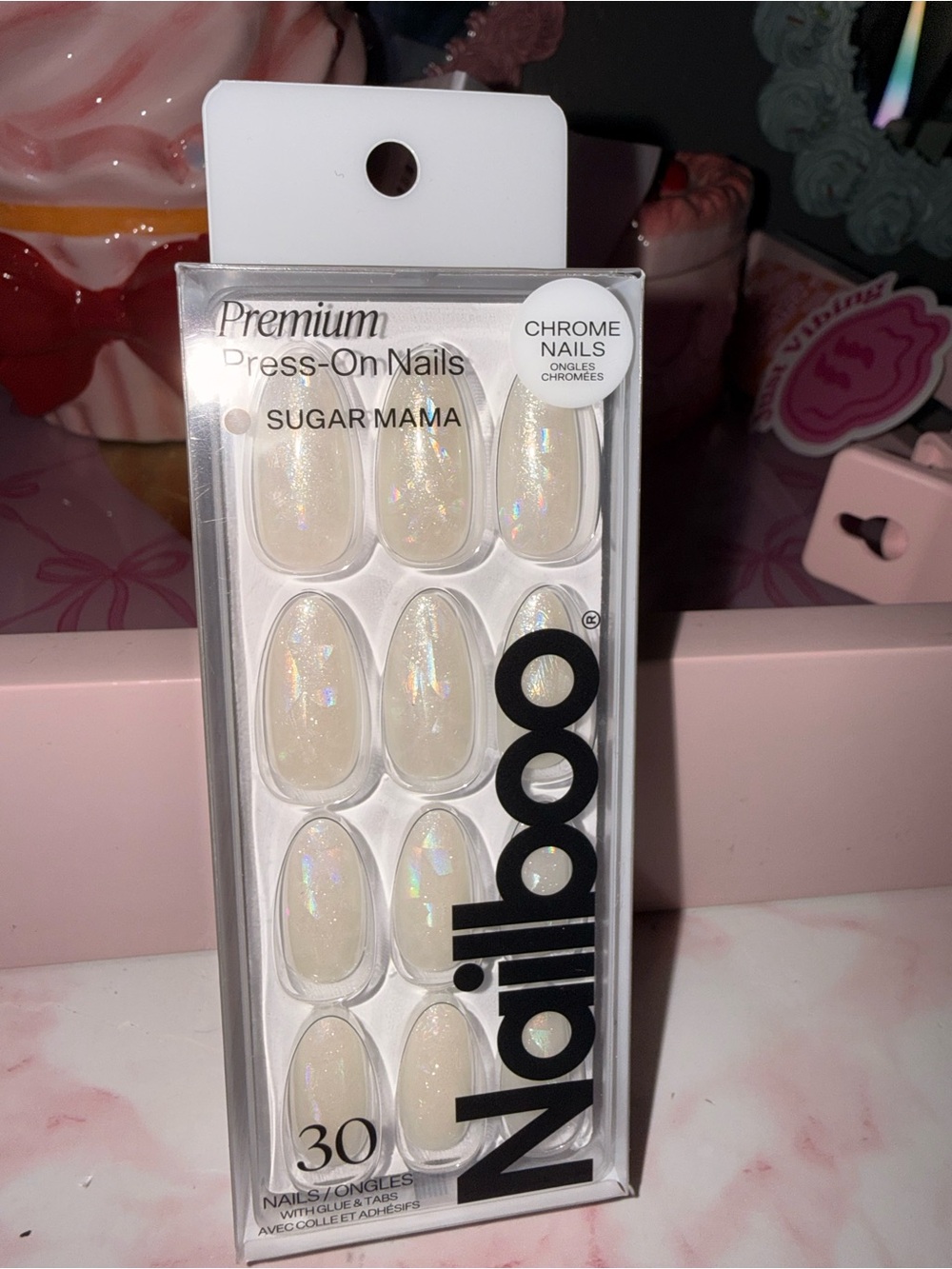 Nailboo Premium Press-On Nails – Sugar Mama (Iridescent White)